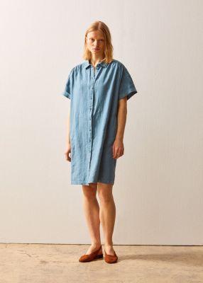 Bensimon - JEROMIA DRESS Short Sleeved Linen Dress - Bleu Petrole