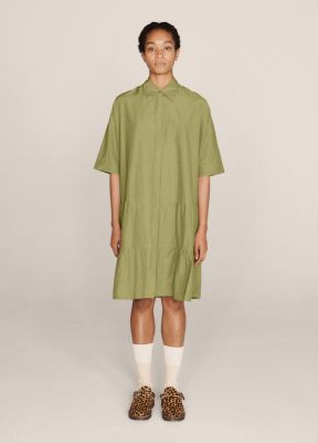 YMC Luna Cotton Silk Garment Dye Short Sleeved Dress Olive