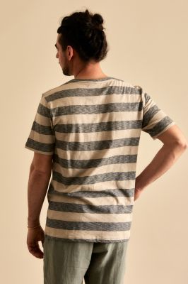 Kitchener Items - Ethan SS Stripe Slub T-shirt String & Blue Graphite