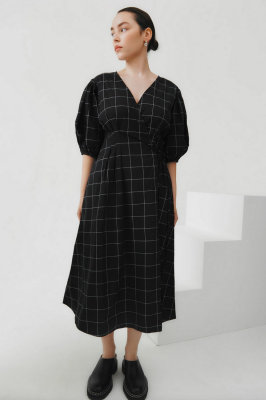 Kowtow Etel Wrap Dress Black Grid