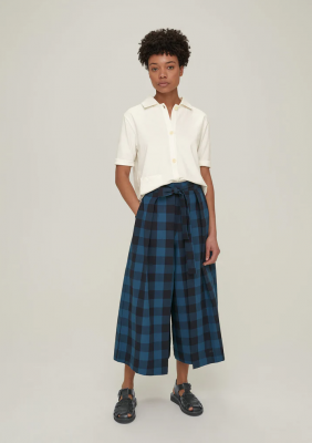 TOAST Tie Front Gingham Cotton Trousers - Blue/Slate Marine