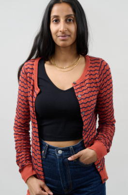 Kitchener Items - Ruby Cardi Pointelle Wave Rust & Indigo
