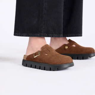 Birkenstock Boston Chunky Suede Leather Dark Tea/ Black - Womens