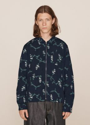 YMC Bowie Floral Embroidered Cotton Linen Jacket Navy