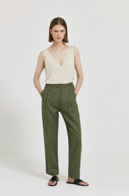 MASKA - Dara Elastic Waist Linen Trousers - Khaki