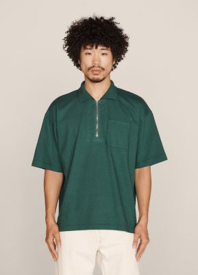 YMC Frat Cotton Perforated Jersey Zip Polo Shirt Green